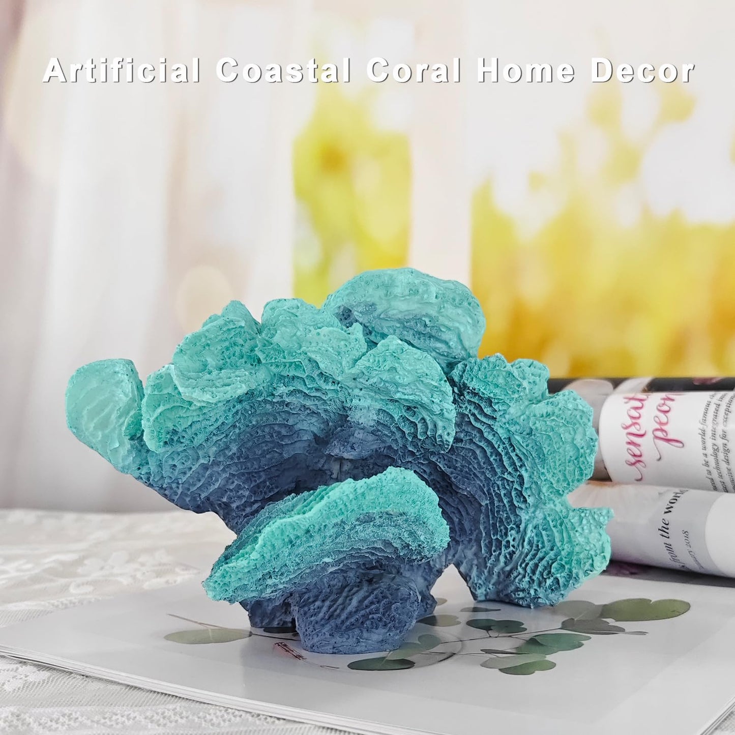Afadorable Artificial Sea Coral Statue, Sculpture Home Decor Resin Nautical Coastal Decorations for Beach Themed Party Wedding Room Kitchen Table Shelf (Blue Green)