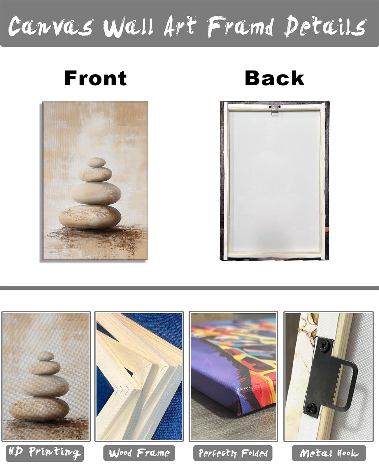 Zen Canvas Wall Art Spa Stones Picture Wall Decor Framed Meditation & Calm Painting Minimalist Prints Spiritual Room Living Room Bathroom Ready to Hang(Art-16,12.00"x18.00")