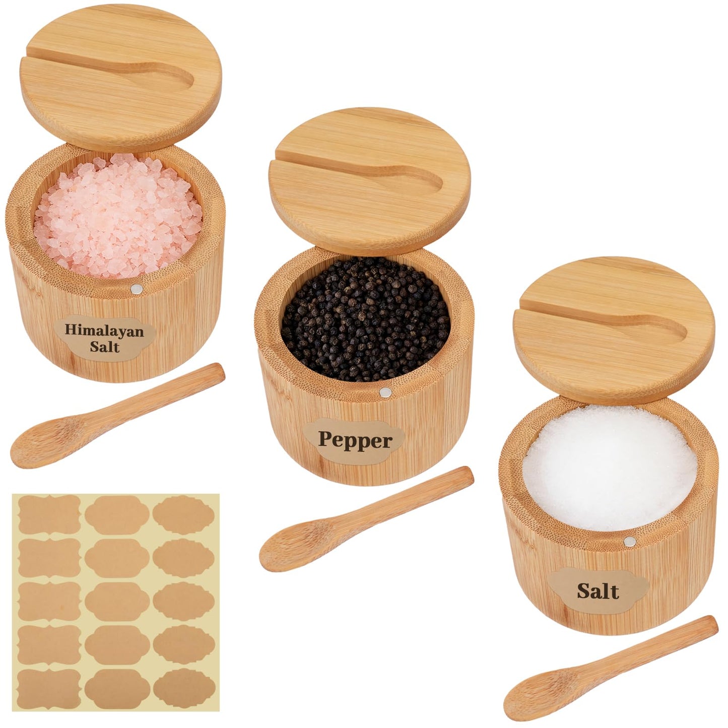FHUIEWRY 3Pcs Bamboo Salt Cellar, Salt Box Bowl with Magnetic Swivel Lid & Spoon, Round Salt Container Holder Spice Box with Label Stickers to Storage Pepper Spice Sea Herbs Sugar for Countertop,6 OZ