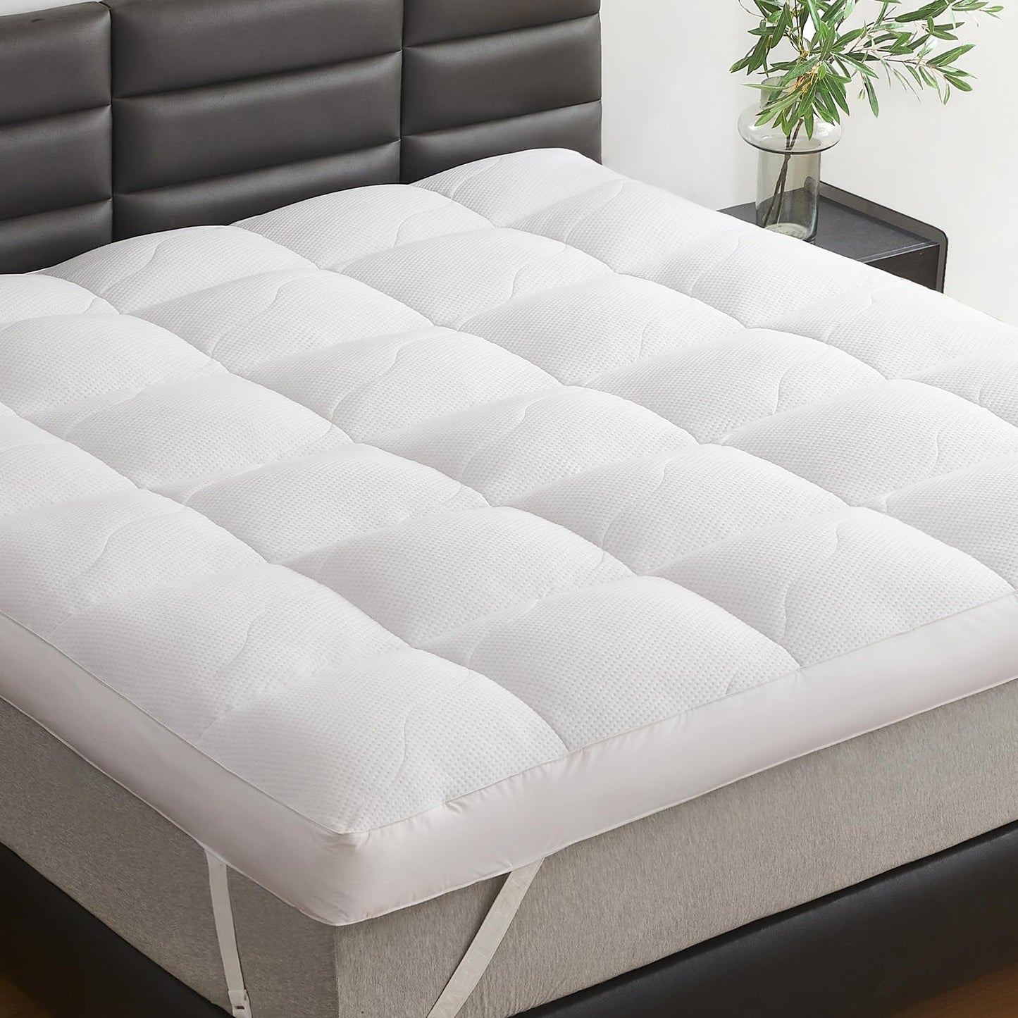 LeWinBedding Dual Layer 5 Inch Goose Feather Mattress Topper Full Size, 4 Inch Goose Feather Plus 1 Inch Down Alternative Pillow Top, Medium Firm Featherbed with Adjustable Straps(54"x75", Wavy)