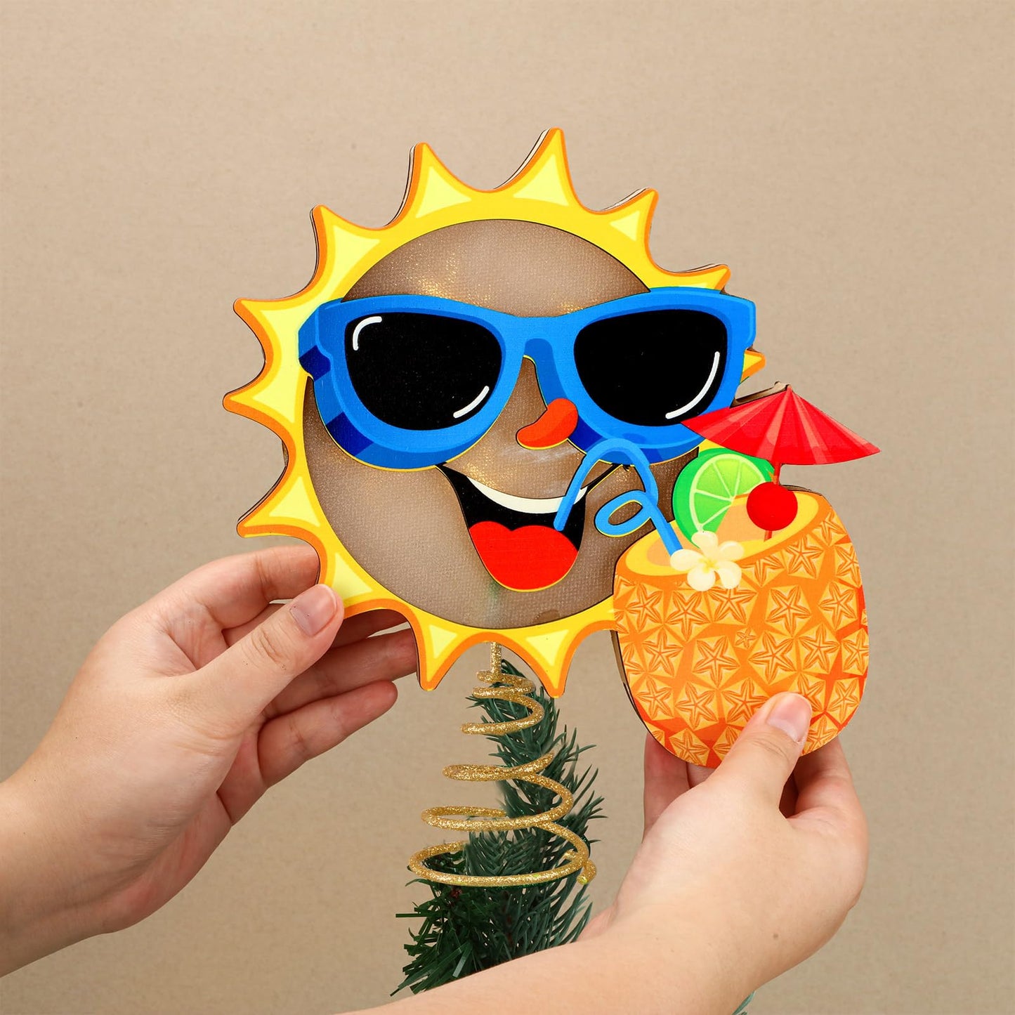Craftsatin 10 x 8 Inch Wood Summer Tree Topper with LED Light Christmas in July Summer Tree Top Ornaments for Luau Party Hawaiian Decorations Tabletop Display Supplies