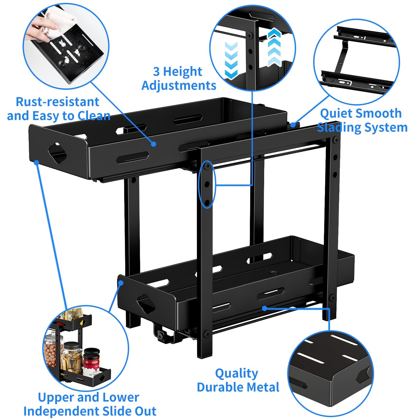 BOIVSHI Pull Out Spice Rack Organizer, 2-Tier Vertical Spice Rack, Height Adjustable for Kitchen Cabinet (5.3''Wx10.8''Dx9.2''H, Metal Black)