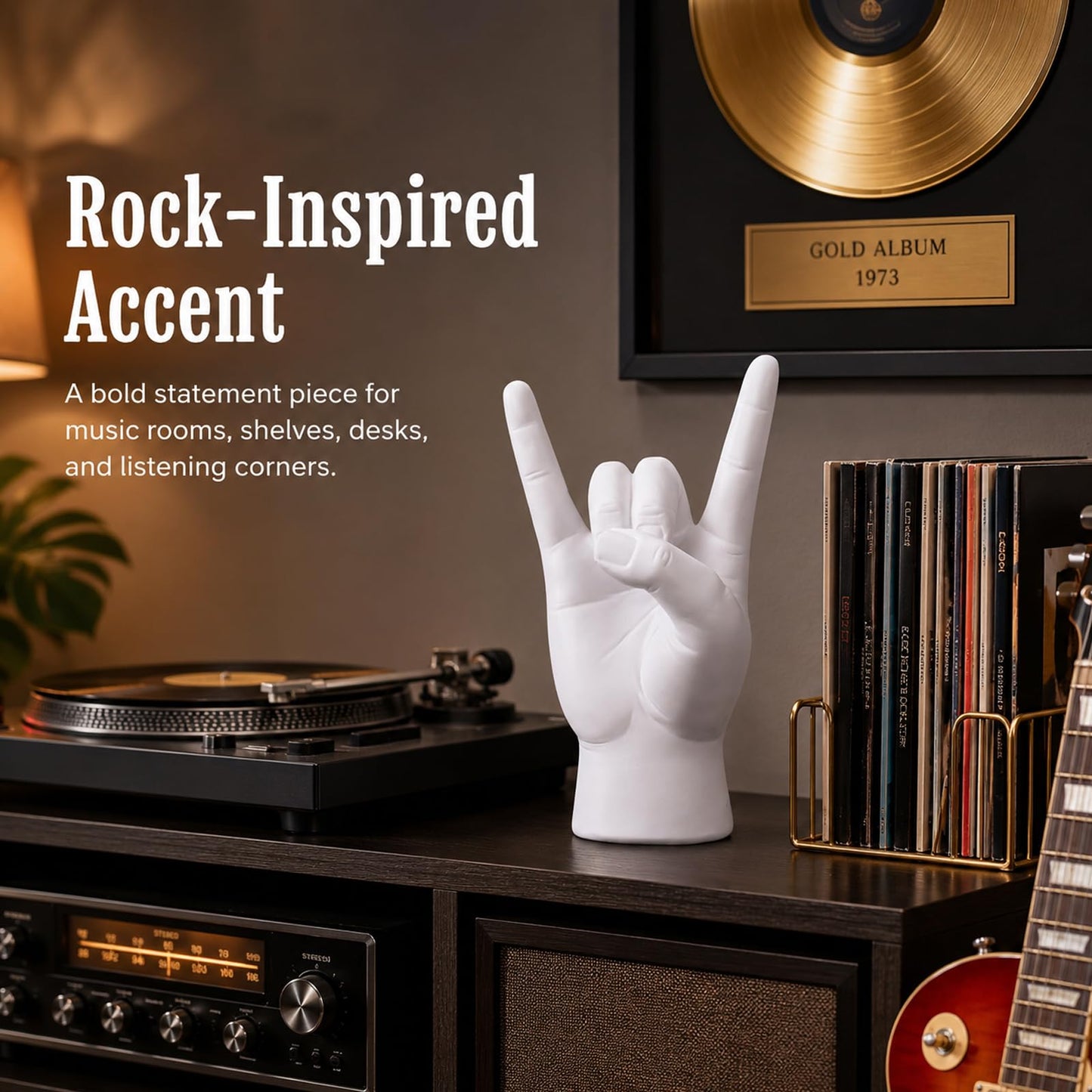 XIYOUQI Rock Hand Statue, Rock On Hand Gesture Sculpture, White Resin Hand Sign Decor for Music Lovers, Modern Tabletop Sculpture for Desk Bookshelf Mantel Man Cave Office Decor
