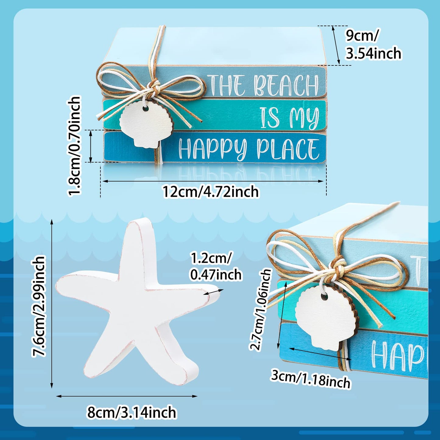 Pinkunn 4 Pcs Summer Table Coastal Theme Decorations Wooden Beach Starfish Stacked Book Sign Nautical Tiered Tray Signs & Plaques for Tabletop Shelf Mantel Office Beachy Room Decor