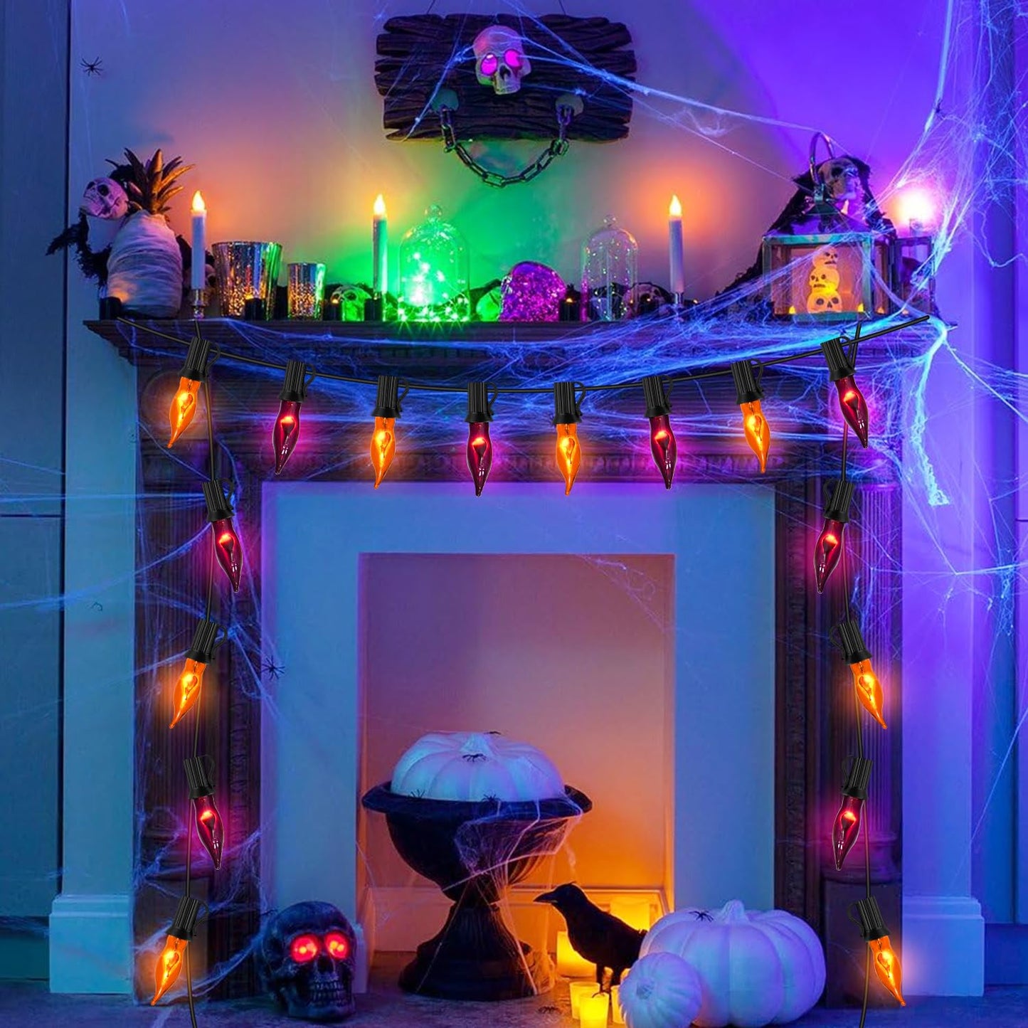 PASUTO Orange and Purple Halloween Lights - Flickering Flame String Lights, 12.8Ft Indoor Outdoor Halloween Lights C7 Retro Flame String Lights, Ideal for Fall Halloweens Decorations for Home Party