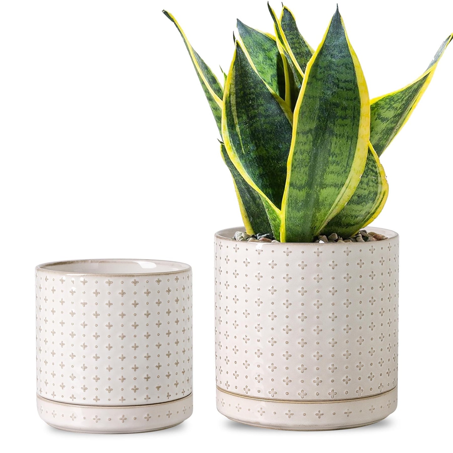 Plant Pots, 5+6 inch Planters Set of 2, Ceramic Pot for Indoor Plants with Drainage Hole and Saucer, Small Flower Pot for Succulent, White