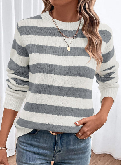Dokotoo Sweaters for Women 2025 Crewneck Striped Cute Color Block Fall Winter Knitted Pullover Tops
