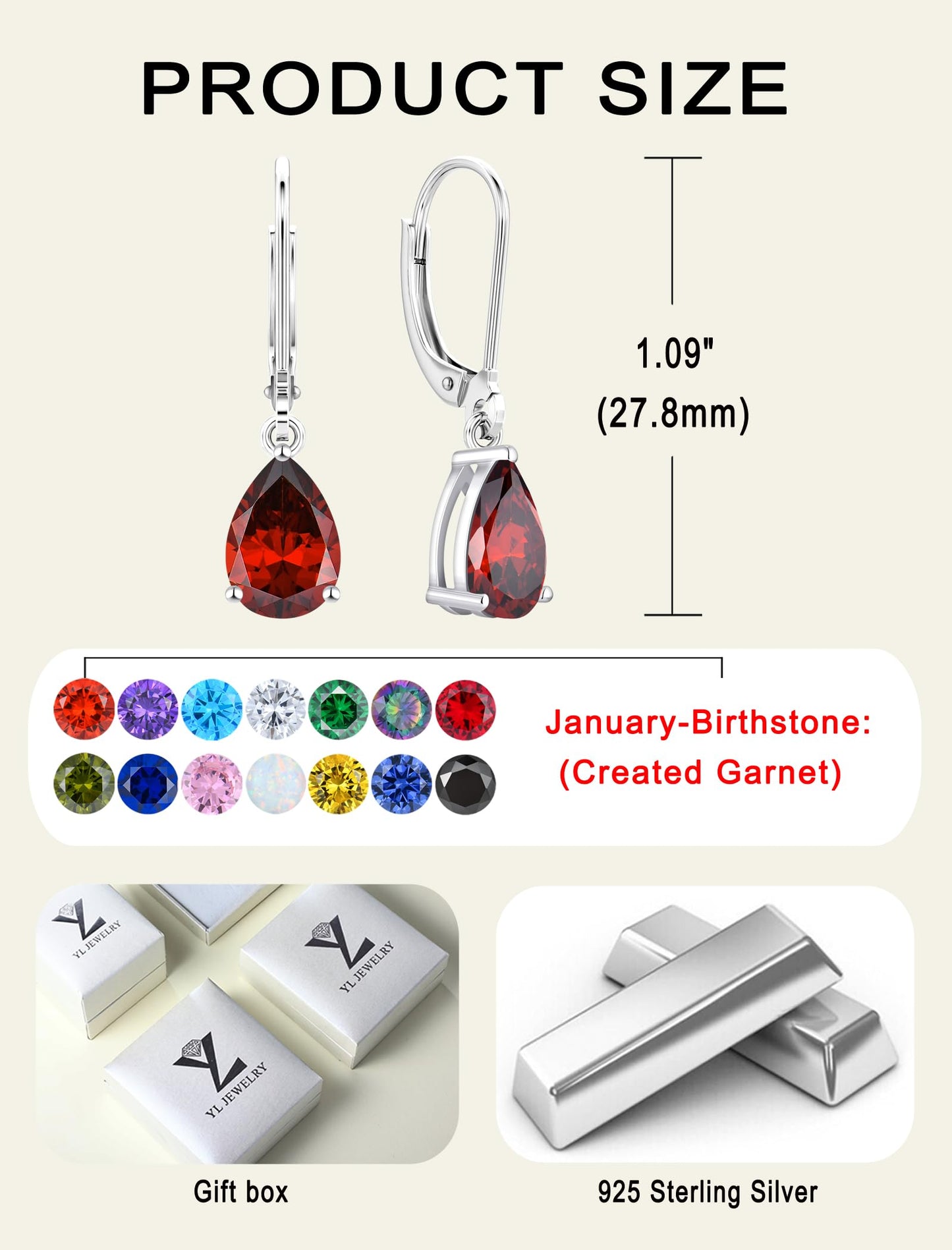 YL 925 Sterling Silver Teardrop Dangle Drop Earrings for Women 7x10 MM Solitaire Created Garnet Leverback Jewelry