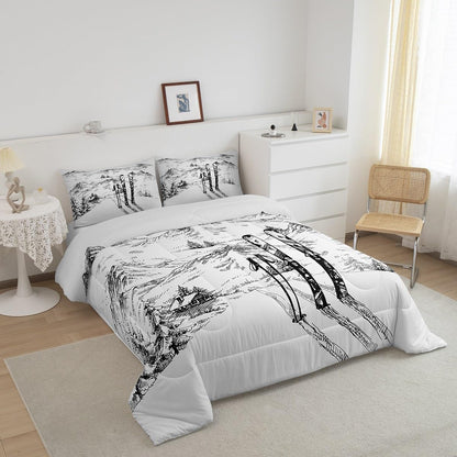 Erosebridal Ski Comforter Set Full, Winter Sports Games Duvet Sets for Kids Teens Adult Bedroom, Winter Skiing Bedding Set Mountain Sketch Illustration Quilted Duvet 3 Piece with 2 Pillow Cases