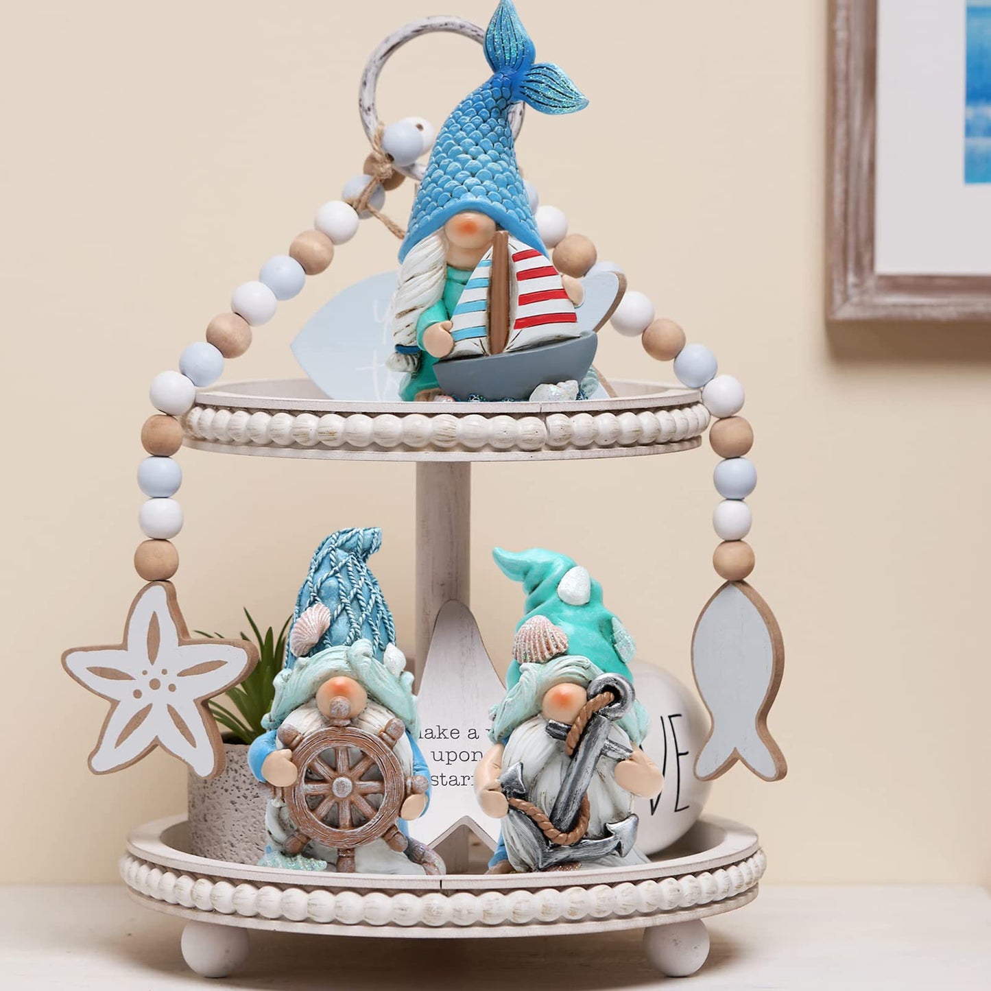 Hodao 3PCS Summer Gnomes Decor Sea Star Shell Elf Handmade Beach Swedish Gnome Decorations for Home Summer Gnomes Figurines Decor