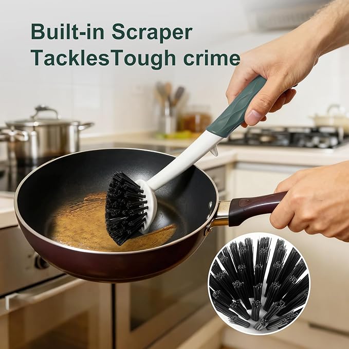 Dish Brush, 2 Pack with Comfortable Handle, with Built-in Scraper, Scrub Brush