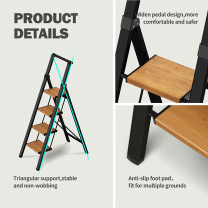 BEFITMACE 4 Step Ladder,Lightweight Folding Step Stool with Aluminum Wide Pedal& Convenient Handgrip,330lbs Capacity Steel Ladder for Household and Office(Black &Woodgrain)
