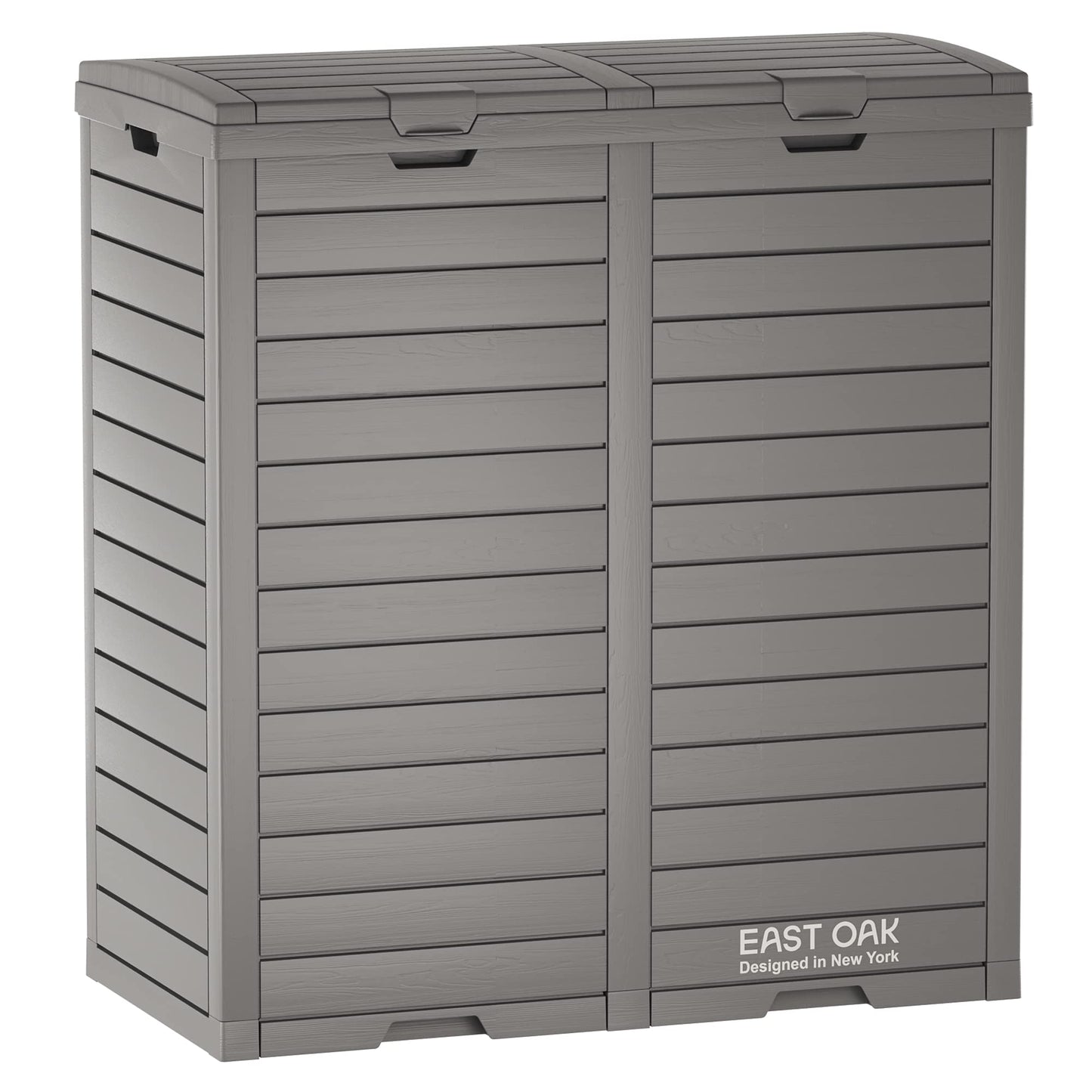 East Oak 62 Gallon Outdoor Trash Can | Waterproof Resin Garbage Can Featuring Tiered Lid & Drip Tray | Outside Trash Bin for Kitchen, Patio | Backyard & Deck | Gray Color