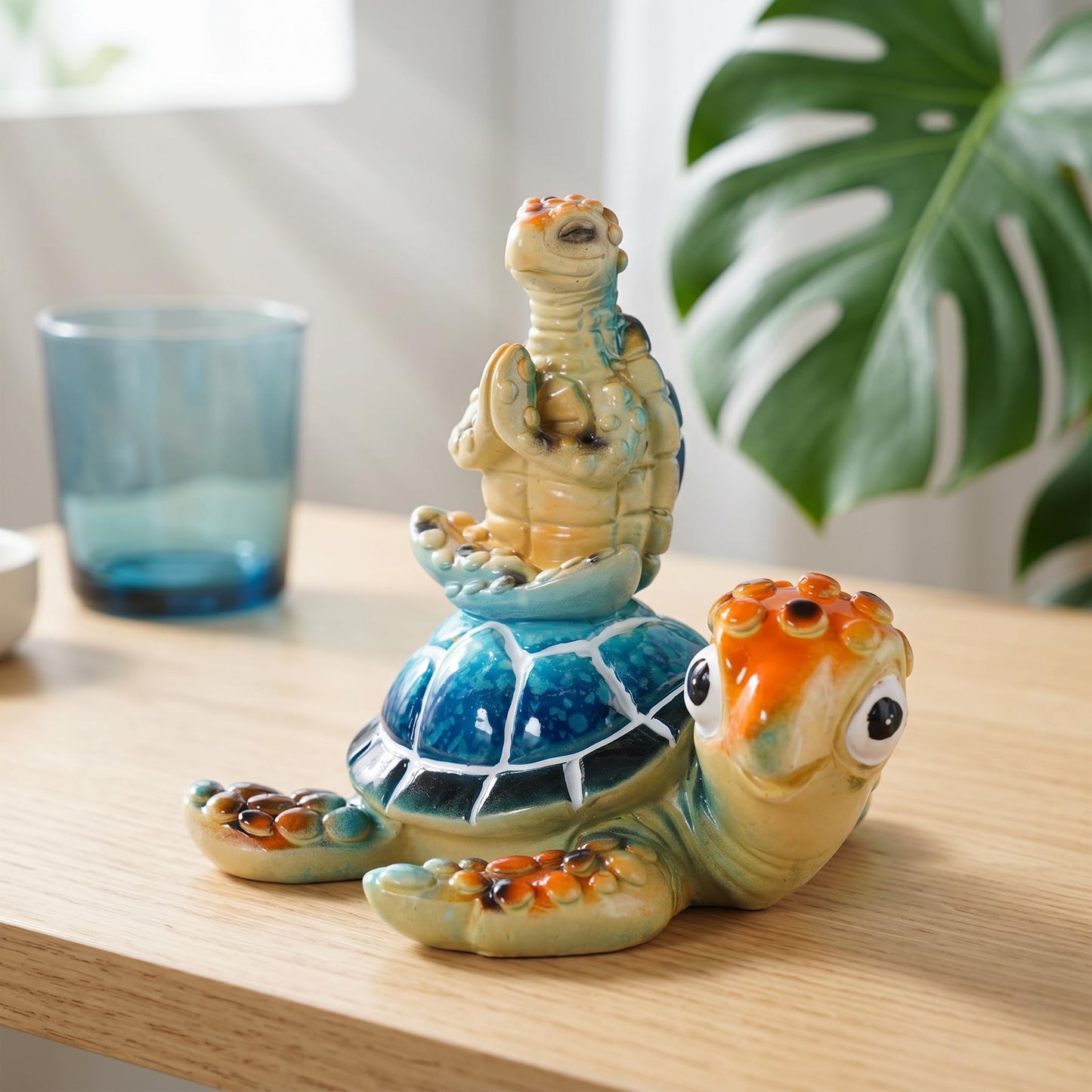 Brizoria Sea Turtle Figurine Beach Decor Ocean Decor Meditating Baby Turtle Resin Coastal Zen Statue Glossy Painted Finish for Bathroom Bedroom Office Bookshelf, Blue
