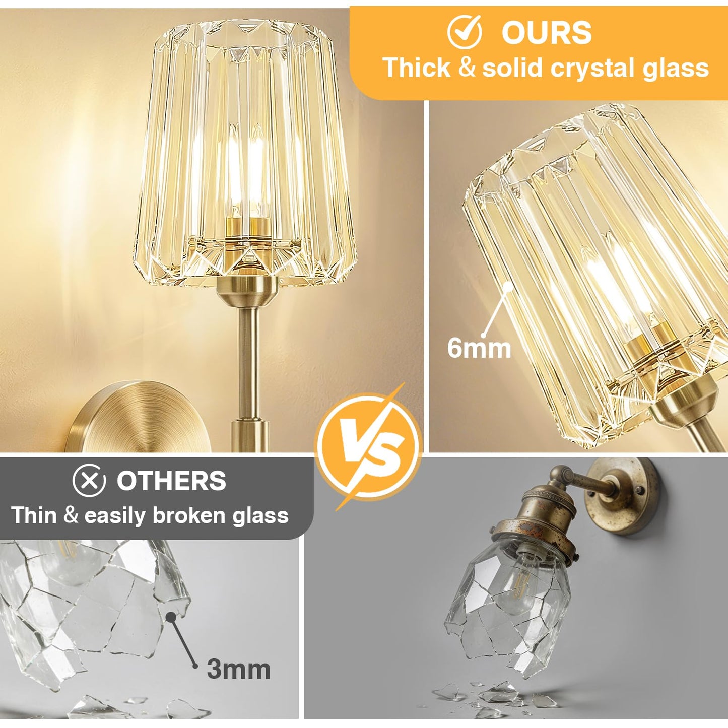 OYKYOHEI 2 Packs Crystal Battery Wall Sconces, Rechargeable Wireless Clear Lights, 12 Color Changing & 3CCT Dimmable, Gold Metal Finish Clear Glass Wall Lamps for Bathroom Dining Room Bedroom Accent