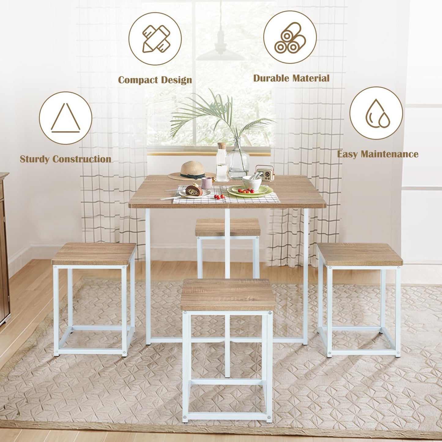 Giantex 5 Piece Dining Table Set, Dining Set for 4 with Square Stools, Small Kitchen Table Set with Metal Frame, Compact Design for Small Space, Home Kitchen Bar Pub Apartment