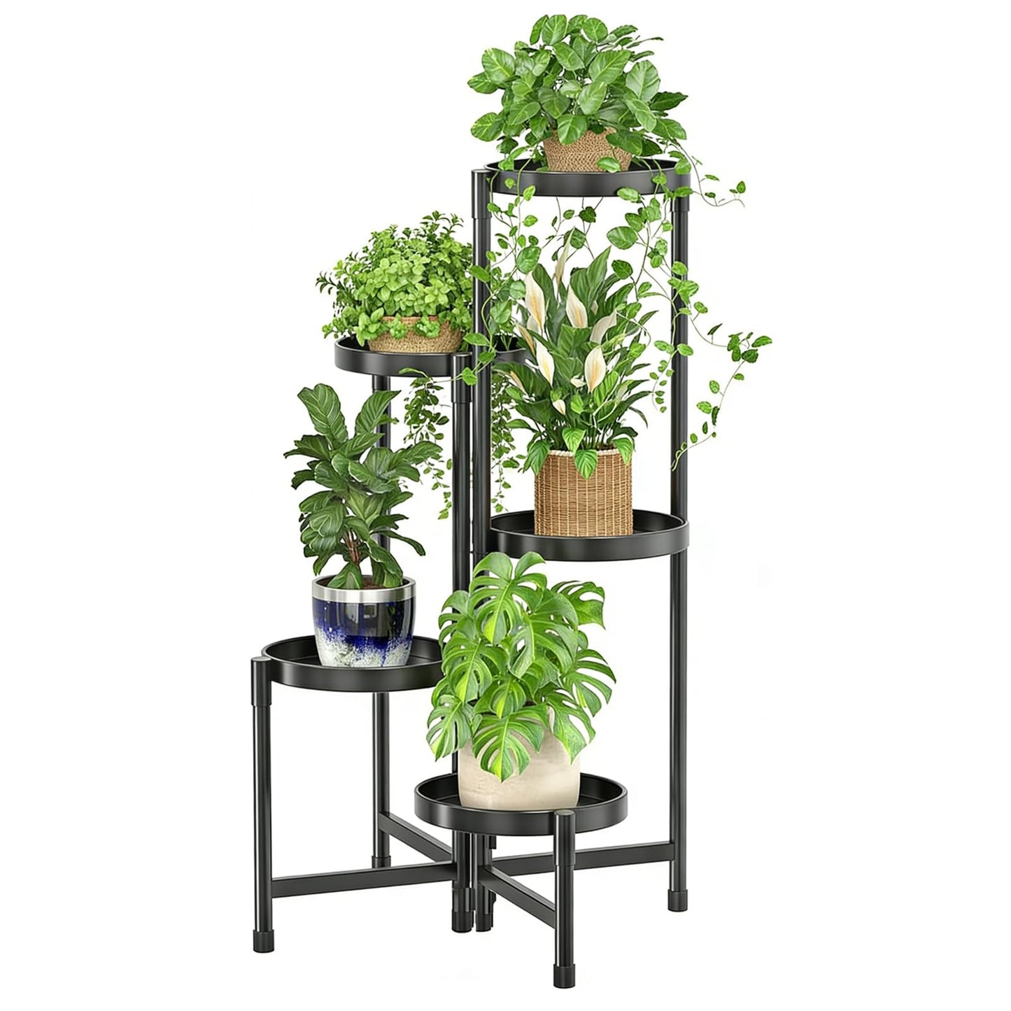 Simple Trending Plant Stand Indoor Outdoor, 5-Tiers Metal Corner Shelf, Tall Display Rack with 5 Rotating Trays, Heavy Duty Flower Holders for Patio Garden Balcony Living Room Bedroom, Black