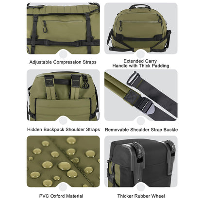 Vrtisa 85L 29“ Foldable Rolling Backpack with Wheels, Soft-side Travel Duffle Bag with Separate Shoe Compartment, Full Quilted Bottom,Army Green