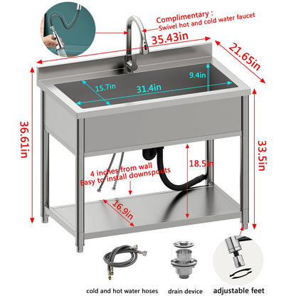 Stainless Steel Utility Sink, Large Freestanding Laundry Sink with Pull-out Faucet for Kitchen, Bathroom, Laundry Room, Garage, Outdoor/Indoor Use, Pet Cleaning, D21.65 x W35.43 x H36.61 inch