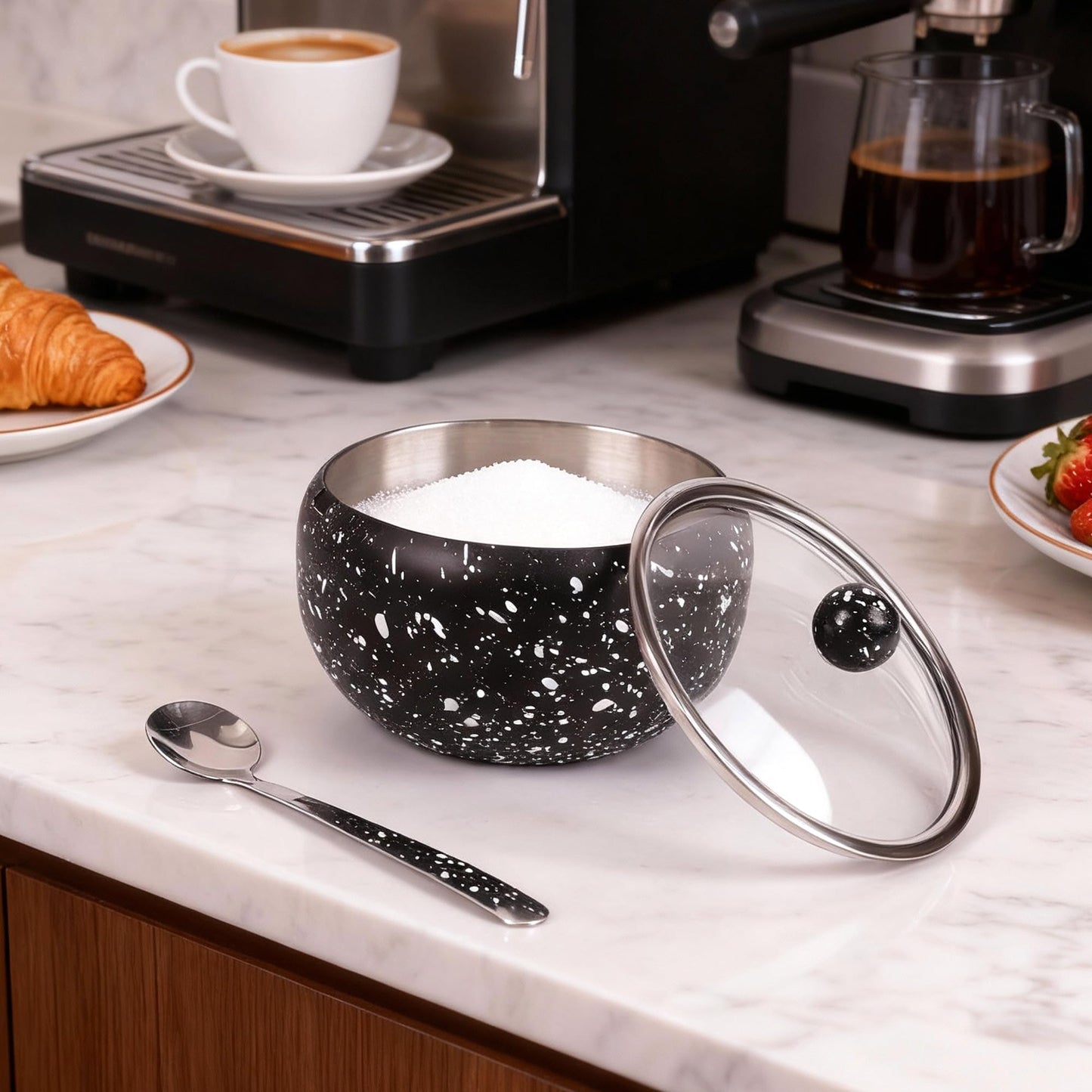 holoith Sugar Container with Glass Lid and Spoon, 16oz Snowflake pattern Stainless Steel Sugar Bowl for Coffee Bar Station Accessories Kitchen Storage for Salt, Candy, Coffee Bean (Black)