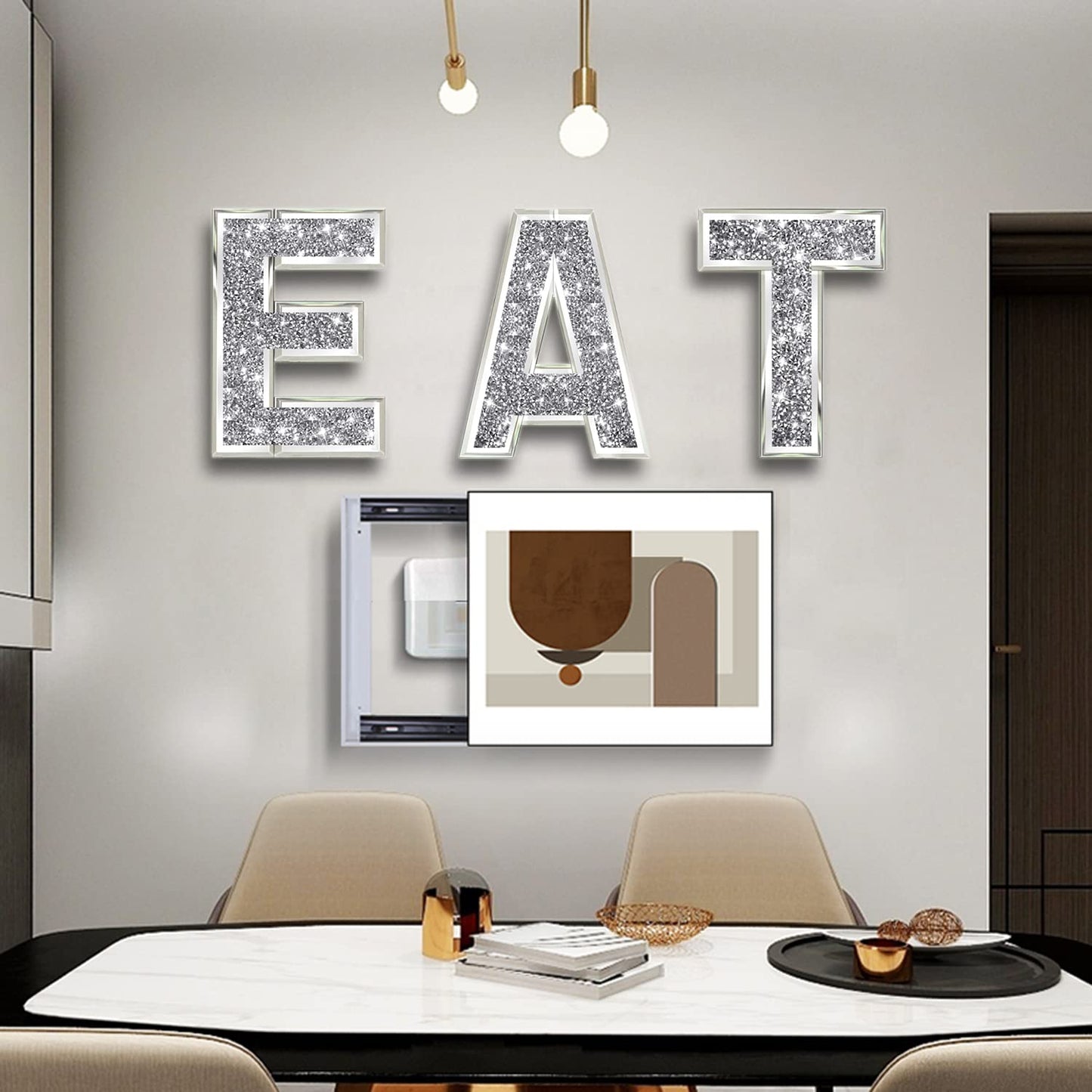 ZOLAPI 3 pcs Independent Letters EAT.Glam Crystal Diamond Letters.Silver Mirror Glass Home Decoration for Wall, Kitchen,Living room, Fireplace, Bookshelf and Table.