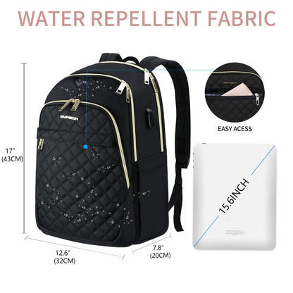 EMPSIGN Laptop Backpack for Women, 15.6 Inch Laptop Rucksack Casual Daypack Wide Open, College School Backpack with USB Charging Port, Water Repellent Travel Business Work Bag Computer Bookbag, Black