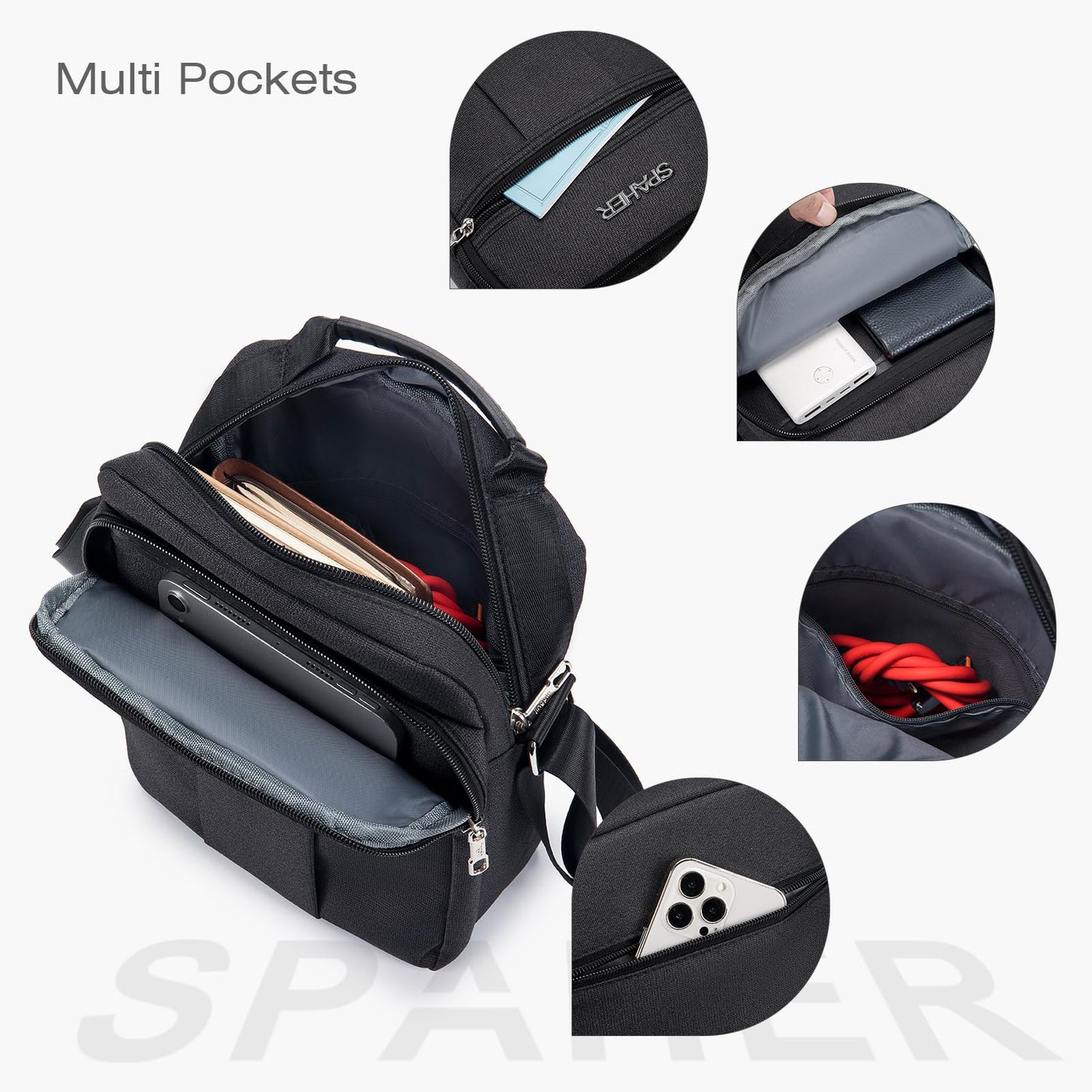 SPAHER Men Handbags Shoulder Bags Messenger Business Bag Crossbody Satchel Sling Travel Bag Daily Man Bag with Adjustable Shoulder Strap for Ipad 9.7 Inch Black