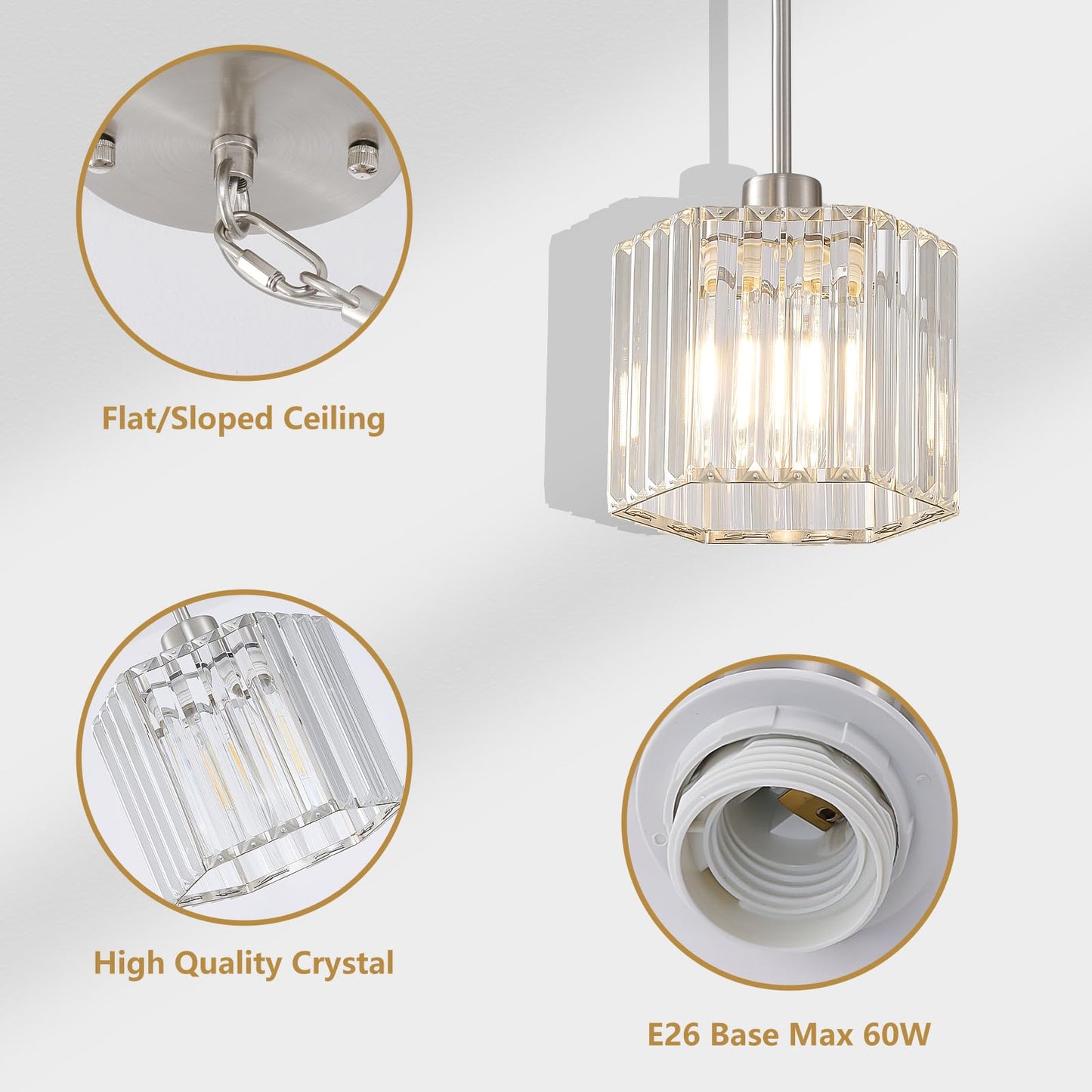XSDeTu Brushed Nickel Pendant Light Fixtures, Modern Crystal Hanging Ceiling Light, 1-Light Mini Farmhouse Chandelier, Adjustable Hexagonal Island Lights for Kitchen, Dining Room, Bedroom, 2 Pcs