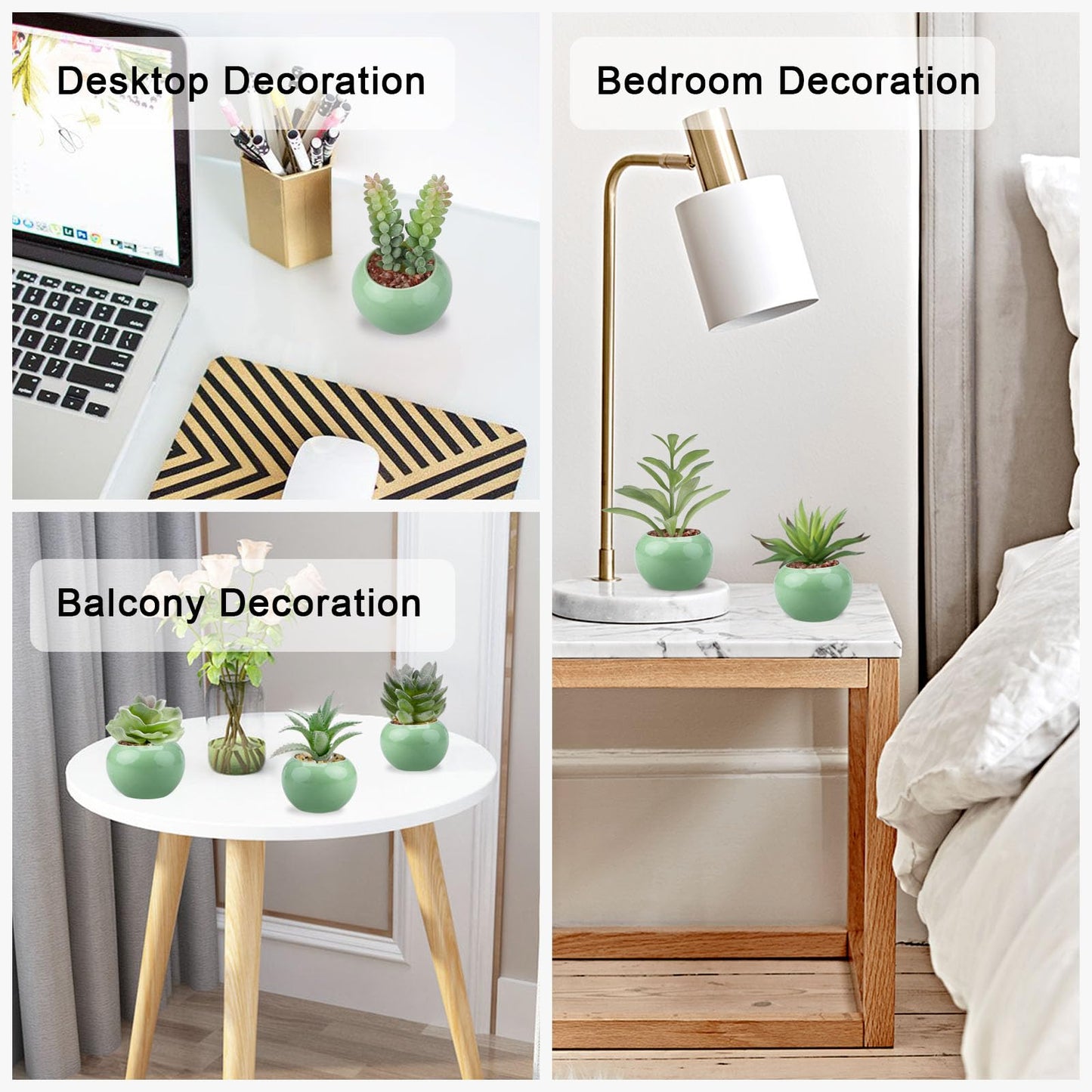 GREENTIME 6 Pcs Artificial Succulent Plants Bulk in Mini Ceramic Pots Small Fake Succulent Plant Faux Indoor Decor Bedroom Desk Bathroom Office Living Room Table Shelf Home Decoration (Green)