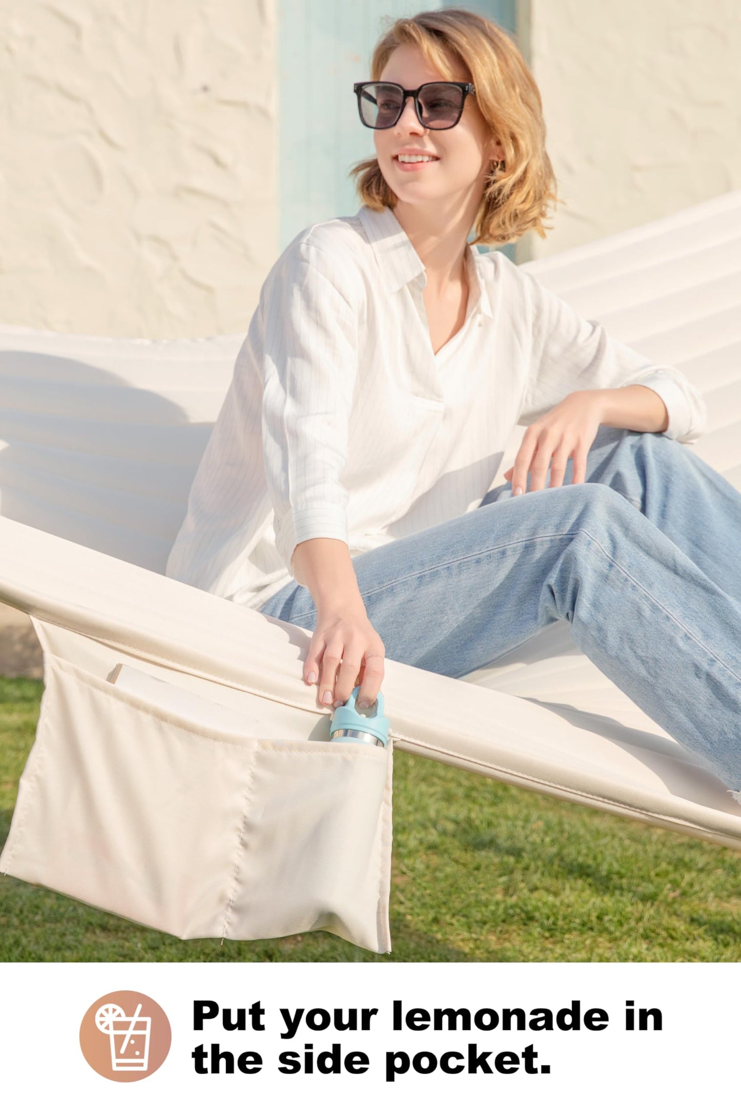 GAFETE 2 Person Hammock with Stand for Outside, Heavy Duty Steel Stand, Double 55inch Hammocks, Large Removable Pillow, Storage Bags, Max 475 lbs Capacity (Beige)