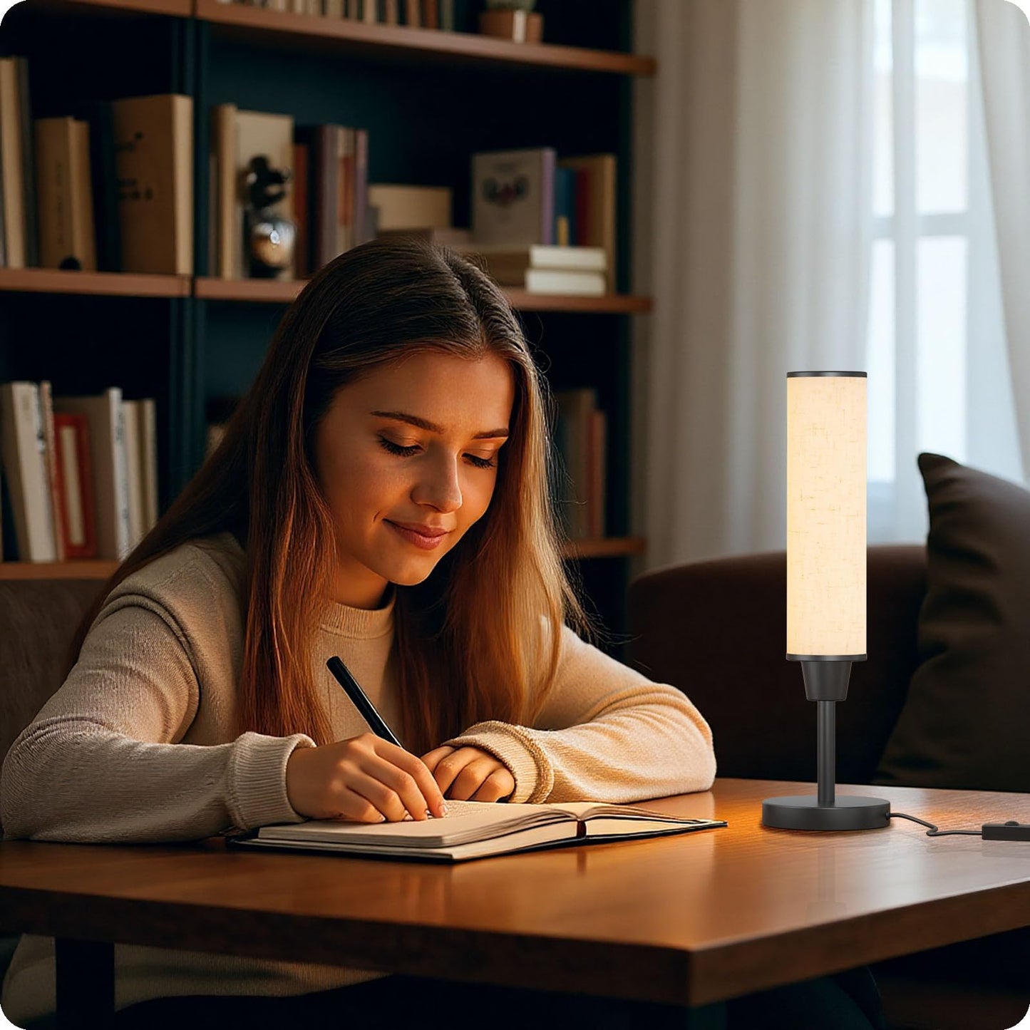 Nukanu Table Lamp with Remote，Bedside Lamps for Night Stands, Nightstand Lamp with Adjustable Brightness (10%-100%) and Color Temperature (3000k-6000k),Small Lamp for Bedroom (Black - Beige Linen)