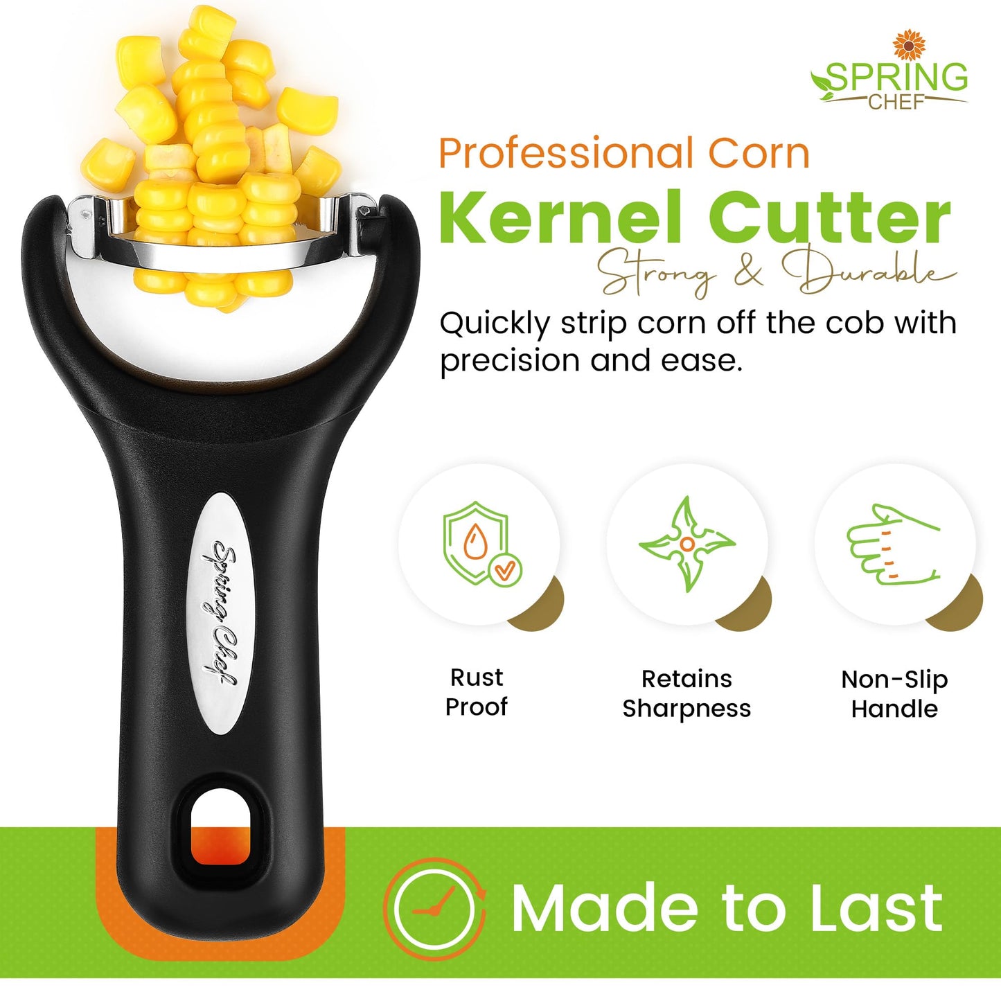 Spring Chef Stainless Steel Corn Peeler – Corn on the Cob Stripper Tool – Durable & Efficient Kernel Remover Tool – Easy to Use Kernel Cutter - Dishwasher Safe Kitchen Gadget - Black