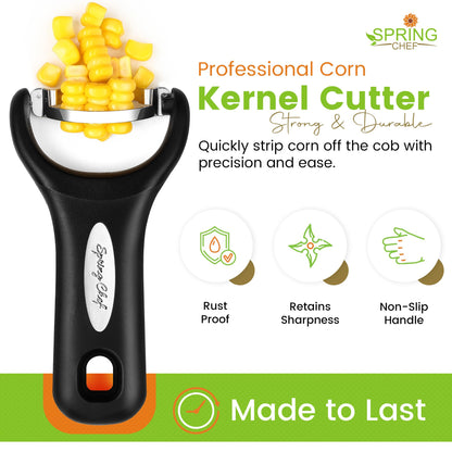 Spring Chef Stainless Steel Corn Peeler – Corn on the Cob Stripper Tool – Durable & Efficient Kernel Remover Tool – Easy to Use Kernel Cutter - Dishwasher Safe Kitchen Gadget - Black