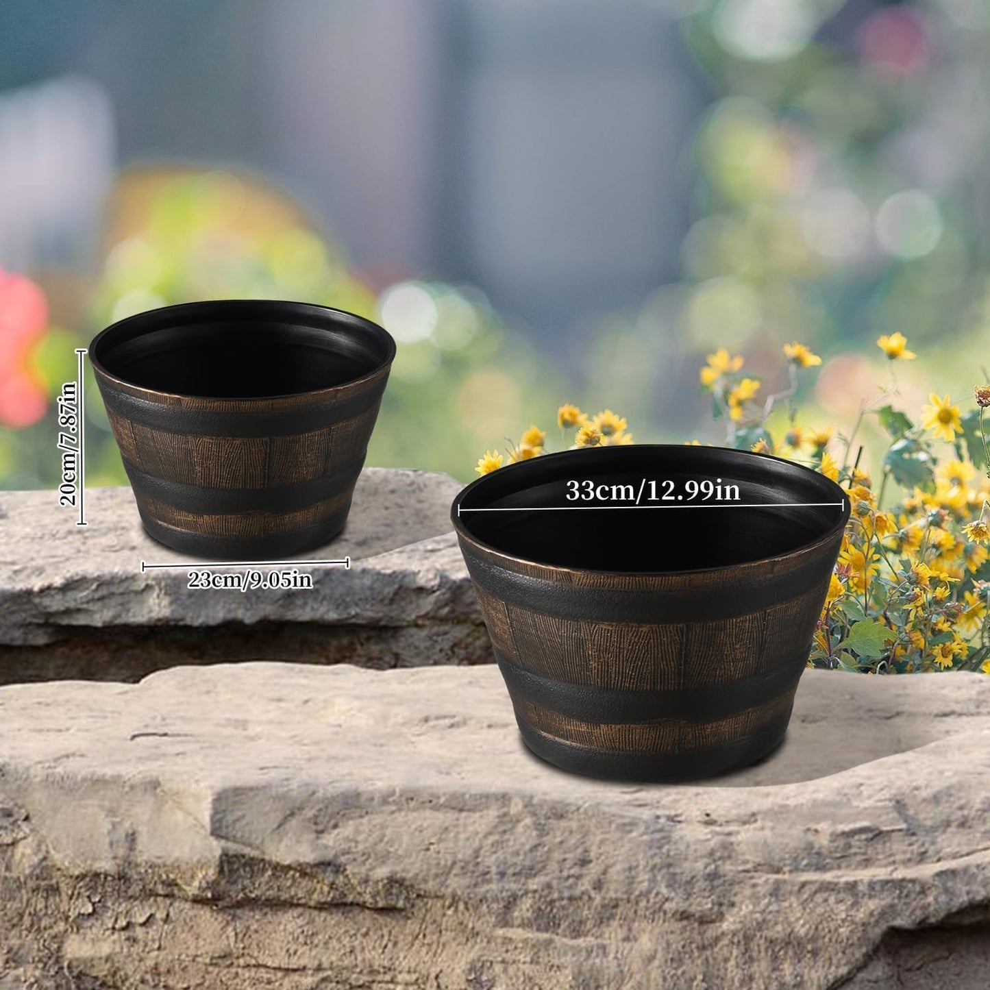 YI 4 Pack Whiskey Barrel Garden Planters 13” Rustic Oak Resin Planter for Indoor & Outdoor Plant Flower Pot