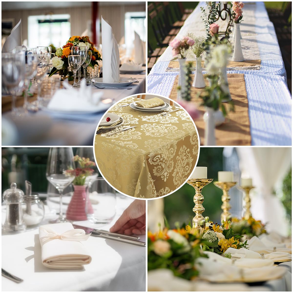 SASTYBALE Damask Gold Tablecloth Rectangle 60 x 102 Inch, Floral Jacquard Spill Proof Wrinkle Free Polyester Table Cloth, Fabric Table Cover for Dining/Party/Wedding/Indoor/Outdoor