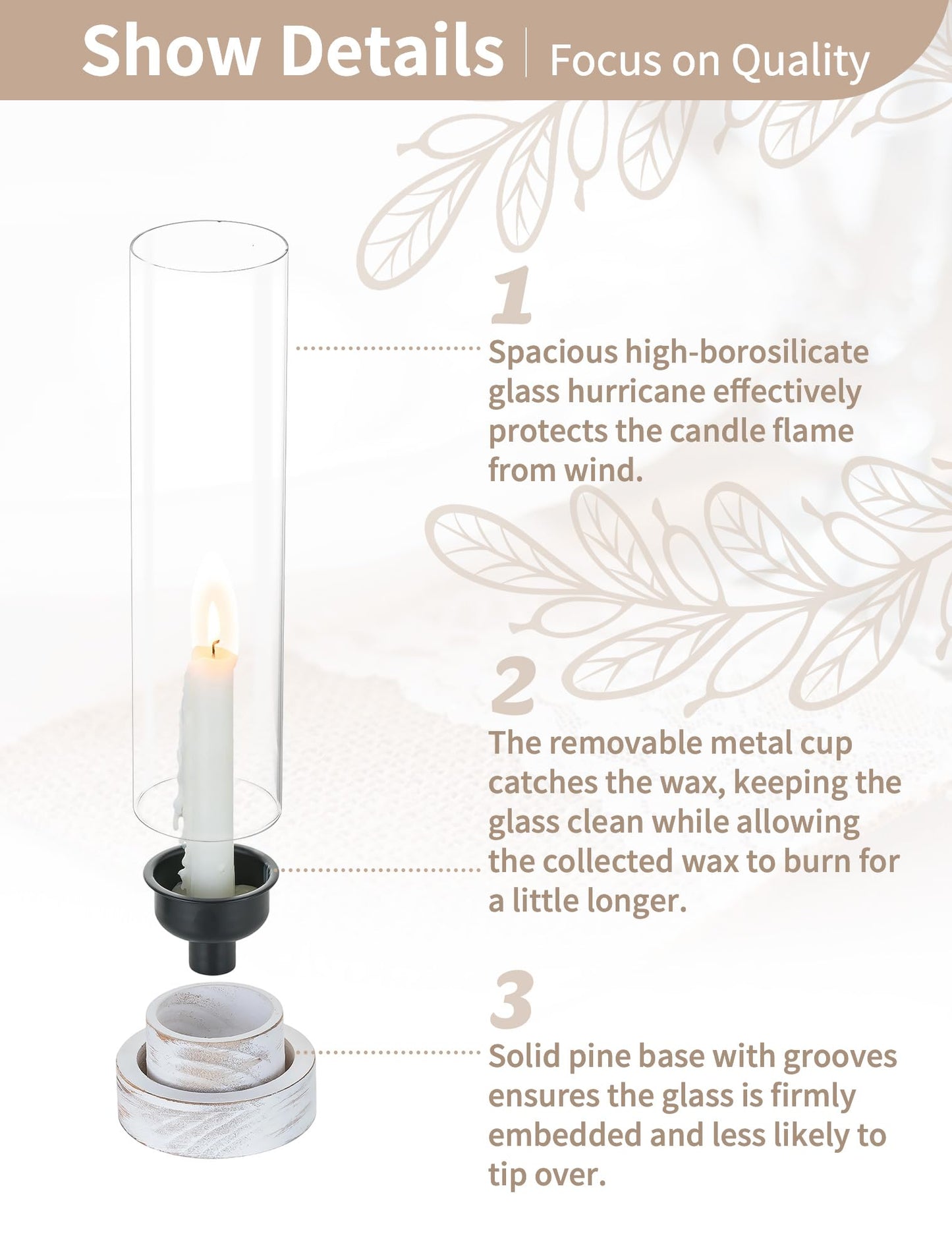 NUPTIO Dripless Candlestick Holders with Wax Catchers for Easy Cleaning: Set of 2 Hurricane Glass Candle Holders with Metal Bobeches - White Wood Farmhouse Home Decor for Wedding Table Centerpiece