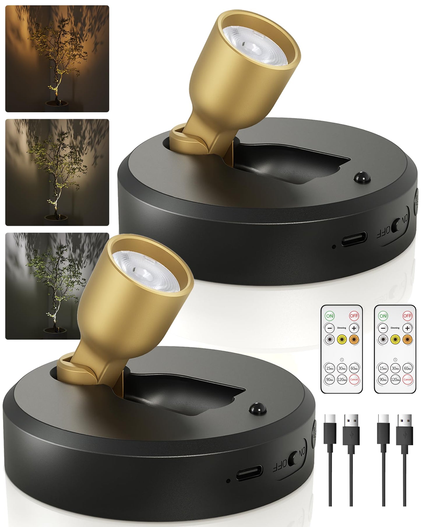 EZVALO Spotlight Indoor with Remote, 4000mAh Rechargeable Battery-Powered Plant Spot Lights, Wireless Mini Uplights with Dimmable & 3-CCT, Timer, Accent Lighting for Pictures, Art, Displays (2-Pack)