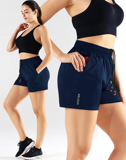 NELEUS Women's 4 Inches Running Shorts Workout Athletic Short for Yoga with Pocket,9066,Black/Grey/Navy Blue,3 Pack,Large