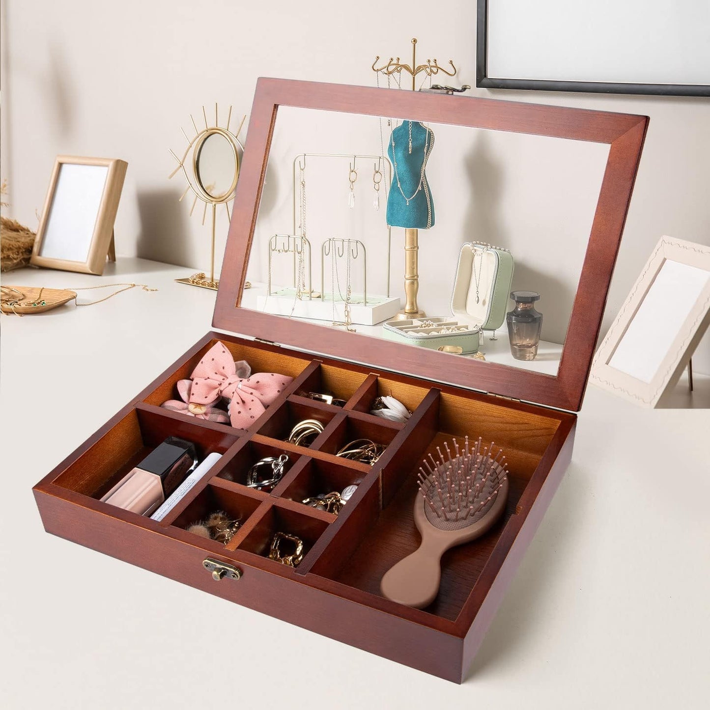 Mooncraftlogy Adjustable Rock Display Case, Crystal Collection Box with Shelves, Wood Witchy Stones Organizer Storage,Gem Holder with Lid for Seashell, Collectibles, Wiccan Gift (Brown)