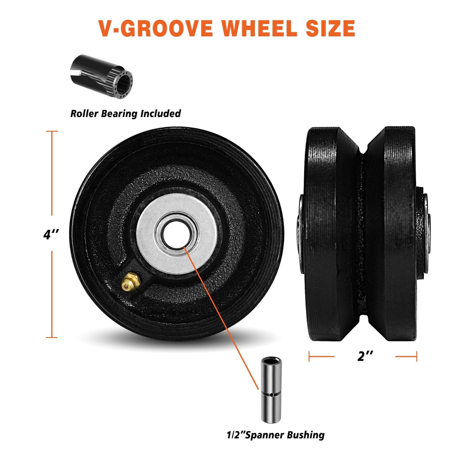 CWfutureparts 4" X 2" Cast Iron V Groove Wheel with Roller Bearing, 1600 lbs Capacity,Industrial Metal Casters for Roll Tracks, Rolling, Sliding Gates(2 Pack Black)