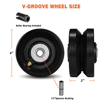 CWfutureparts 4" X 2" Cast Iron V Groove Wheel with Roller Bearing, 1600 lbs Capacity,Industrial Metal Casters for Roll Tracks, Rolling, Sliding Gates(2 Pack Black)