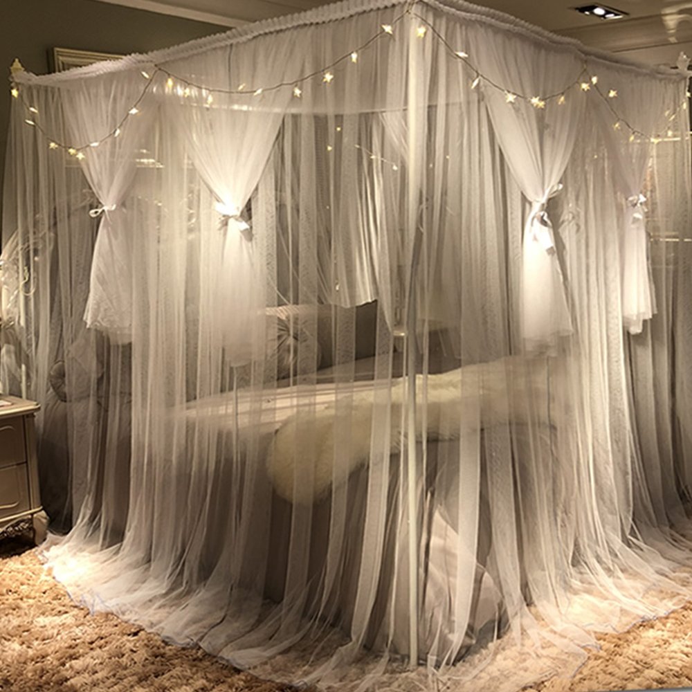 Joyreap 4 Corners Post Canopy Bed Curtain for Girls & Adults - Royal Luxurious Cozy Drapes - Cute Princess Bedroom Decoration Accessories (White, Full/Queen)