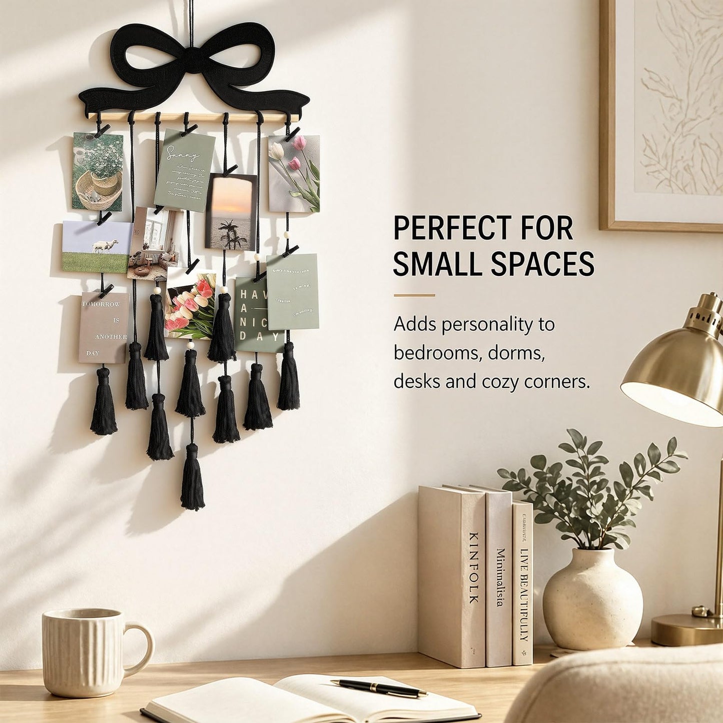 Fiwochic Black Bow Hanging Photo Display Wall Decor Black Macrame Wall Hanging Coquette Picture Frame Collage Holder with 30 Clips for Room Bedroom Graduation Wedding Christmas Coquette Party Decor