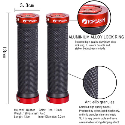 TOPCABIN Bicycle Grips,Double Lock on Locking Bicycle Handlebar Grips Rubber Comfortable Bike Grips for Mountain BMX ((Aluminum Lock Plug) Red 1 Pair)