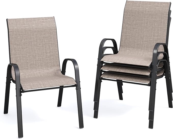 Patio Dining Chairs Set of 4, Stackable Dining Chairs High Back, Breathable Seat Fabric and Alloy Steel Frame for Backyard, Porch, Garden, Sunroom (Light Brown)