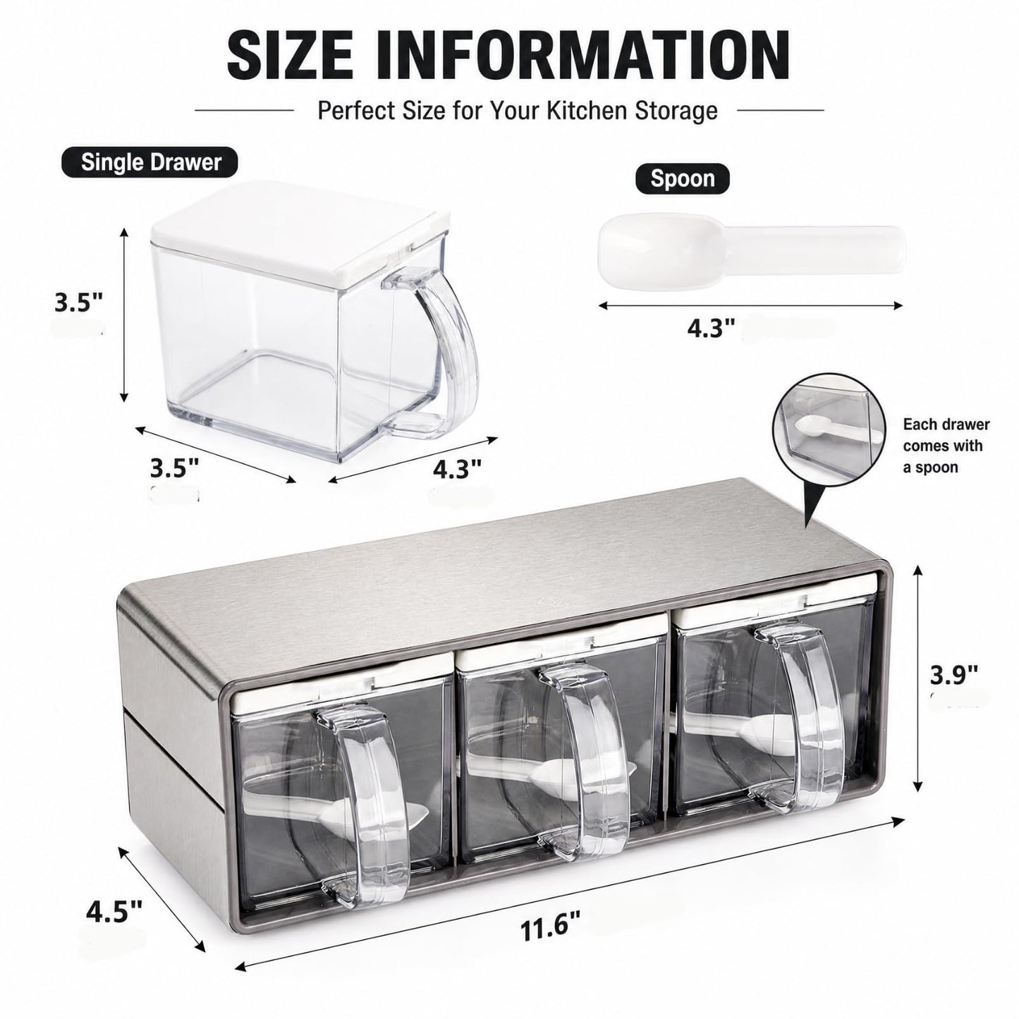 ZENFUN 3 Grids Seasoning Organizer Box, Stainless Steel Salt Container with Lid and Spoon, Seasoning Containers with Stainless Steel Rack for Home, Kitchen, Cafe, Storing Salt, Sugar, Pepper, Spice