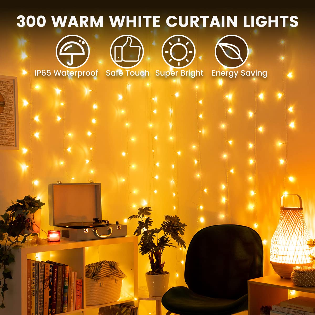 Christmas Curtain Lights 3m x 3m 300 LED, Curtain Fairy Lights Indoor/Outdoor, 8 Modes Remote Window Lights Adjustable Brightness, Curtain Light Warm White for Bedroom, Garden,Party,Christmas