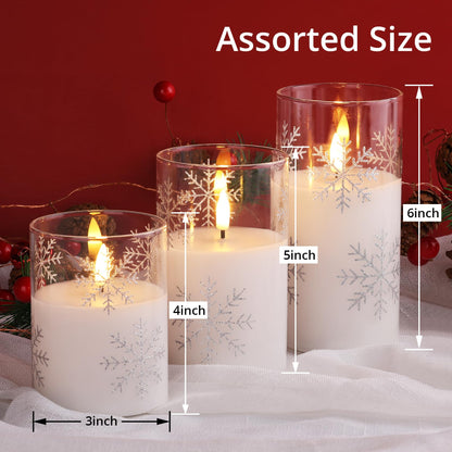 Girimax Clear Snowflakes Christmas Flameless Candles with Remote, Flickering Battery LED Pillar Candles Set of 3