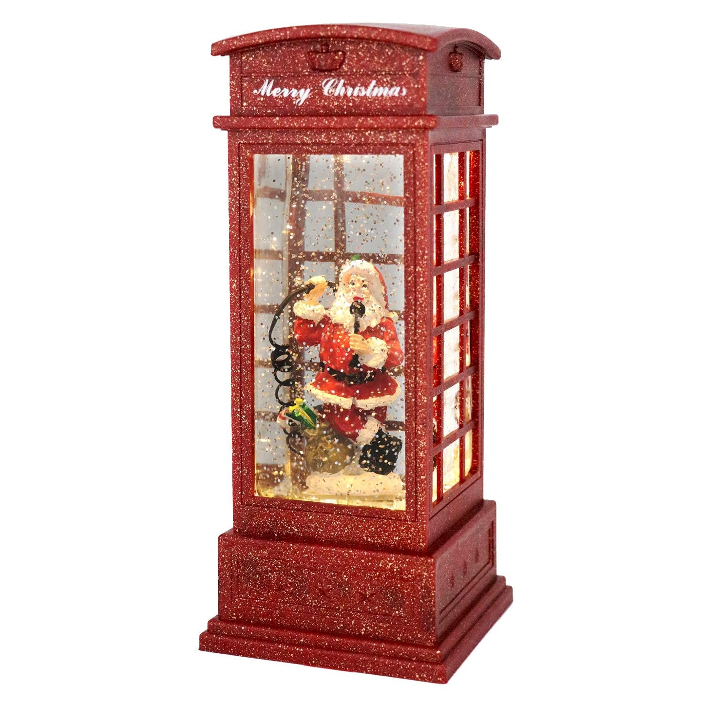 Eldnacele Christmas Snow Globe Lantern Phone Booth, Swirling Water Glittering Battery Operated Festicval Ornament with Timer for Christmas Tabletop Centerpiece Home Decoration(Phone Booth)