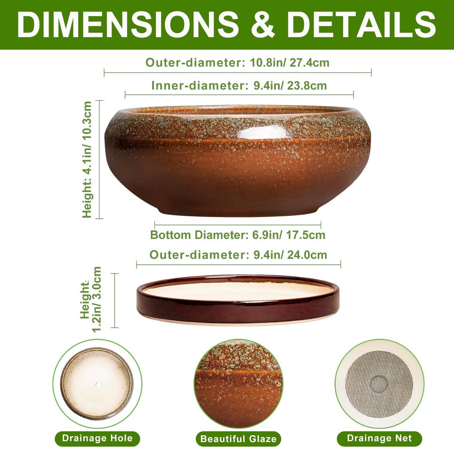 EPFamily Bonsai Pots - 10 Inch Ceramic Succulent Pots with Drainage Hole and Saucer, Bonsai Planter for Indoor Outdoor, Large Shallow Planter Bowl, Office Decor, Gifts for Plant Lovers, Retro Brown